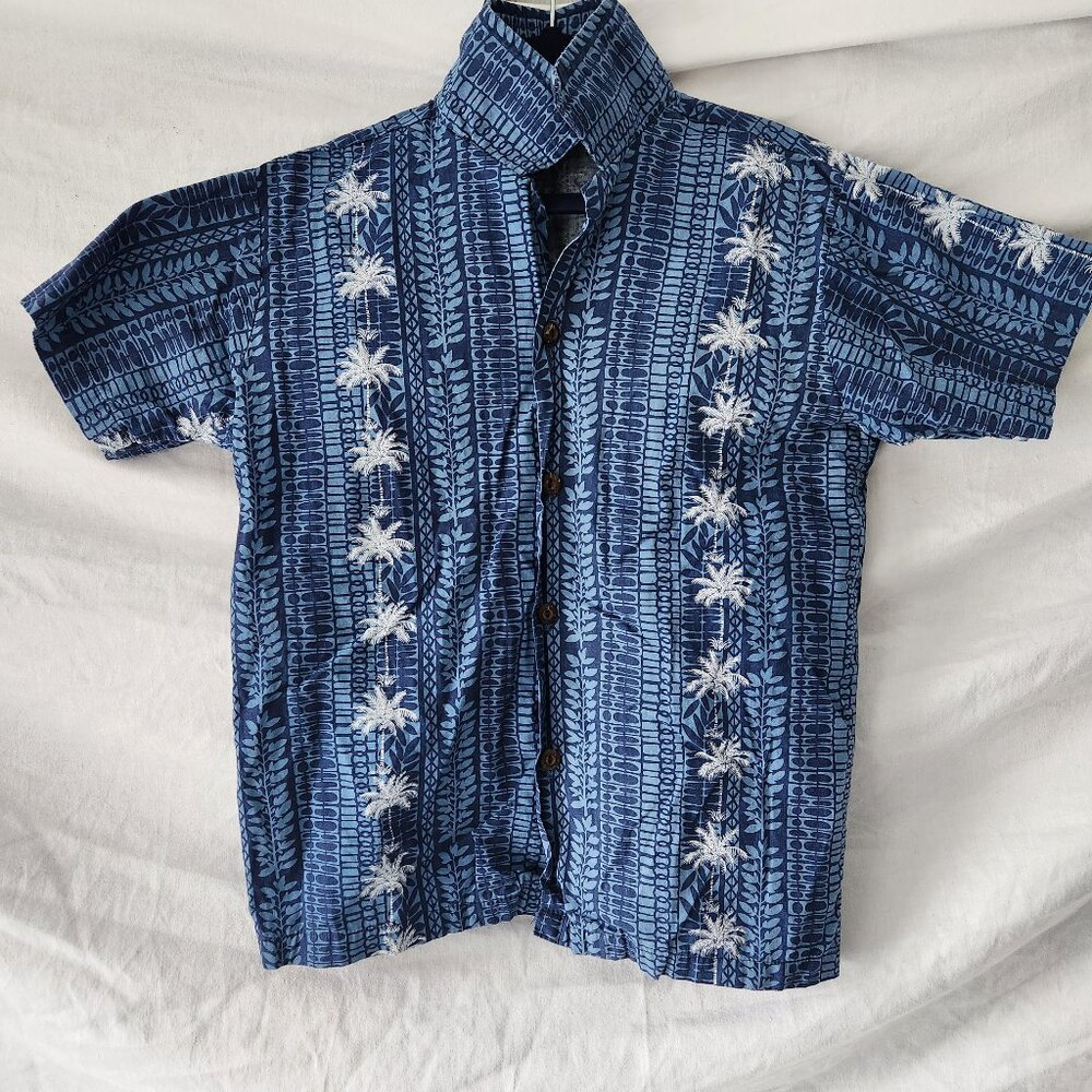 Pacific Legend Youth Medium Hawaiian Shirt Blue Palm Tree Aloha Button-Up Island